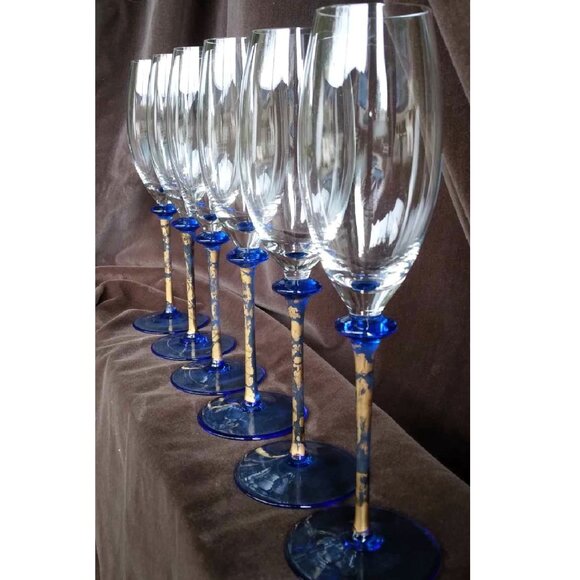 Gorgeous Set of 6 Art Glass Cobalt Blue Gold Painted Stemmed Champagne Flutes - Picture 1 of 10